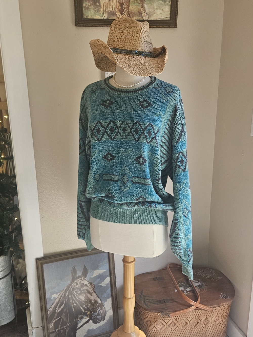 Vintage McGregor Teal Aztec-Pattern Crewneck Sweater